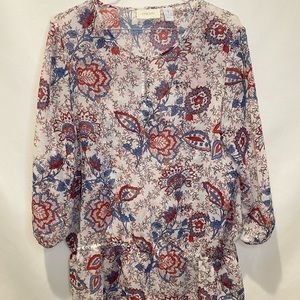 Chico's Sheer Top Blouse Sz 1 Blue/Red Paisleys 3/4 Sleeve Elastic Waist